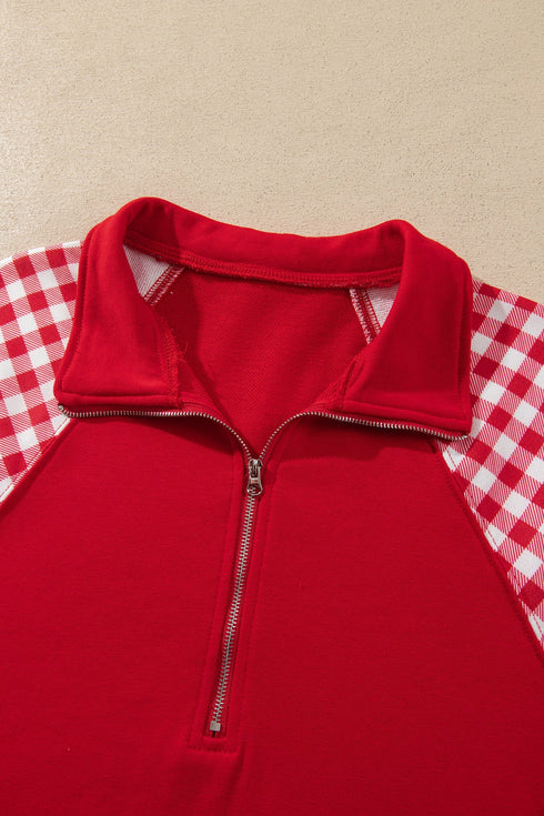 Plaid Patchwork Half Zip Pullover Short Set
