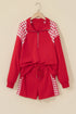 Plaid Patchwork Half Zip Pullover Short Set