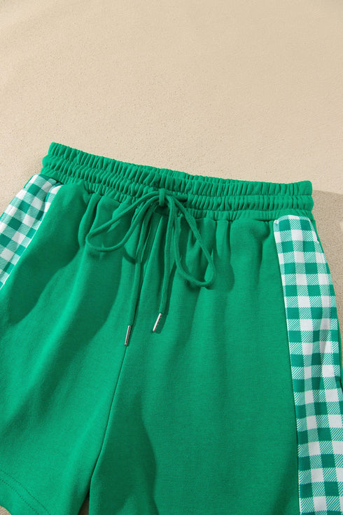 Plaid Patchwork Half Zip Pullover Short Set