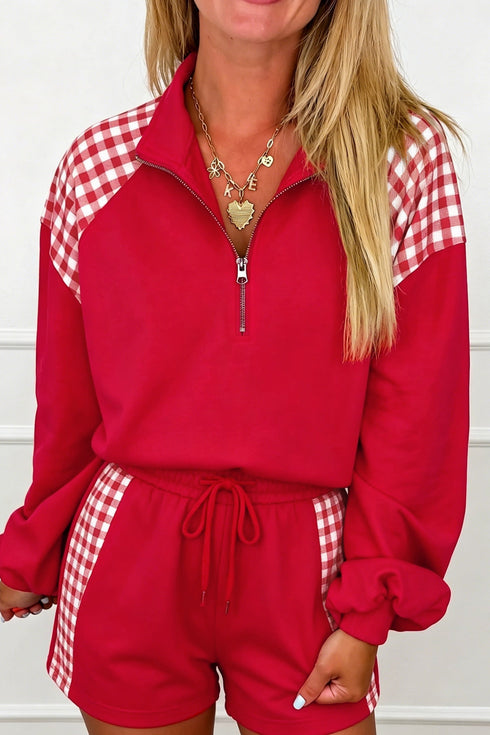 Plaid Patchwork Half Zip Pullover Short Set