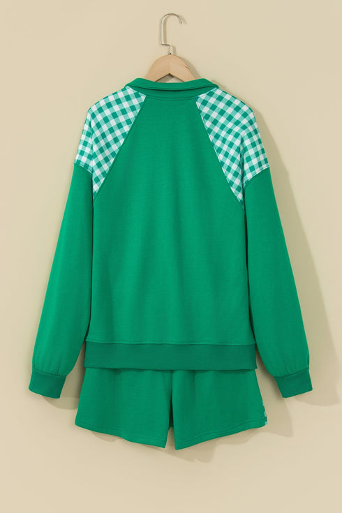 Plaid Patchwork Half Zip Pullover Short Set