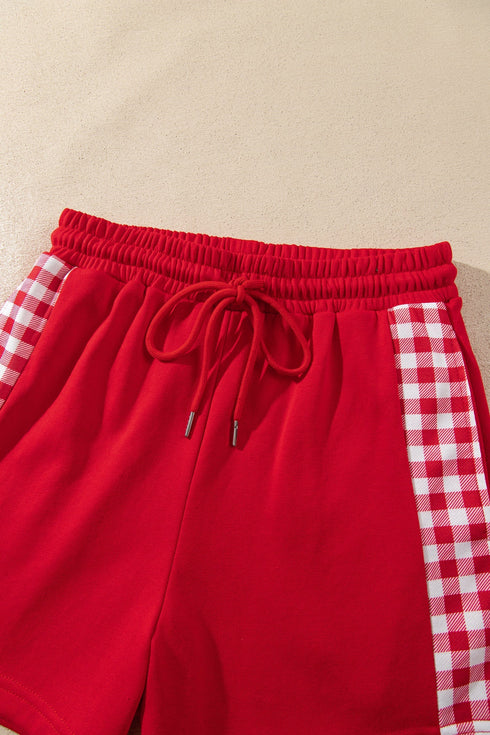 Plaid Patchwork Half Zip Pullover Short Set