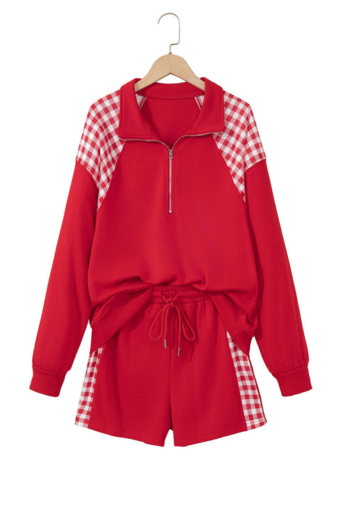 Plaid Patchwork Half Zip Pullover Short Set