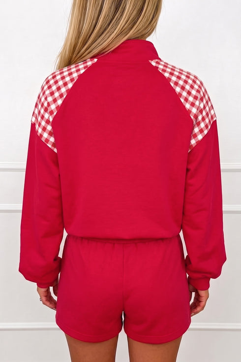 Plaid Patchwork Half Zip Pullover Short Set