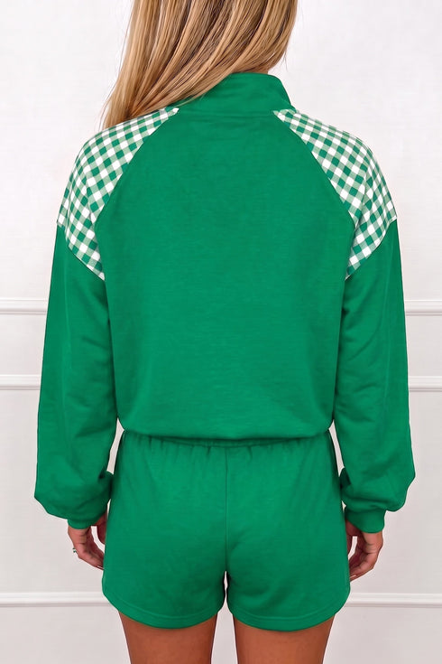 Plaid Patchwork Half Zip Pullover Short Set