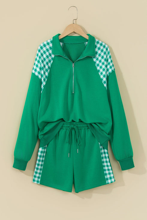 Plaid Patchwork Half Zip Pullover Short Set