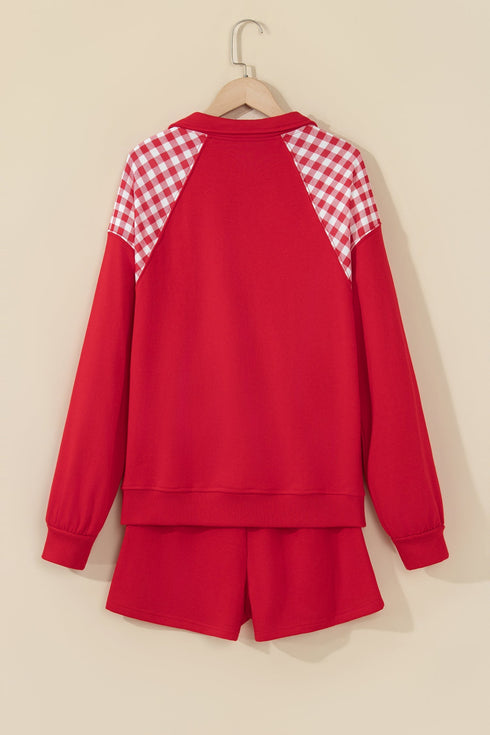 Plaid Patchwork Half Zip Pullover Short Set