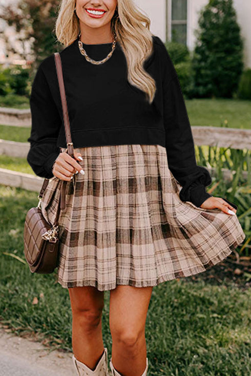 Plaid Patchwork High Waist Sweatshirt Mini Dress