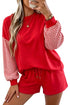 Plaid Patchwork Long Sleeve Drawstring Short Set