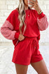 Plaid Patchwork Long Sleeve Drawstring Short Set