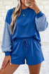 Plaid Patchwork Long Sleeve Drawstring Short Set