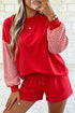 Plaid Patchwork Long Sleeve Drawstring Short Set