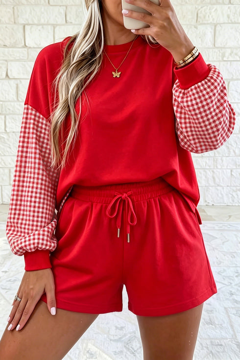 Plaid Patchwork Long Sleeve Drawstring Short Set