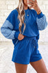 Plaid Patchwork Long Sleeve Drawstring Short Set