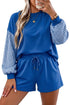 Plaid Patchwork Long Sleeve Drawstring Short Set