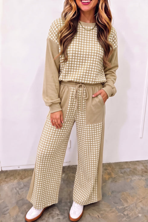Plaid Patchwork Long Sleeve Pullover Wide Leg Pant Set