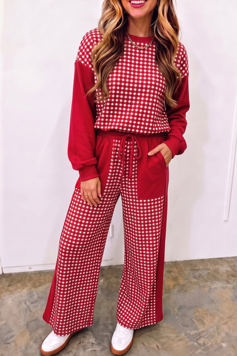 Plaid Patchwork Long Sleeve Pullover Wide Leg Pant Set