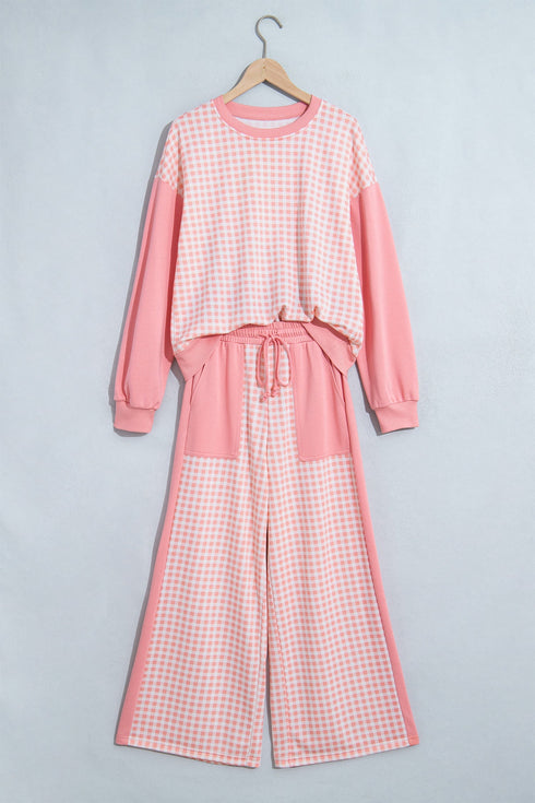 Plaid Patchwork Long Sleeve Pullover Wide Leg Pant Set