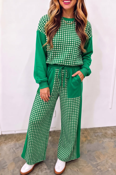 Plaid Patchwork Long Sleeve Pullover Wide Leg Pant Set