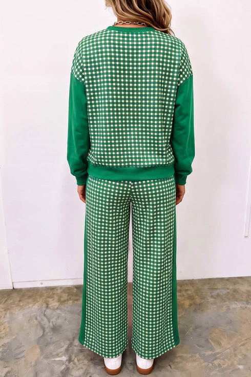 Plaid Patchwork Long Sleeve Pullover Wide Leg Pant Set