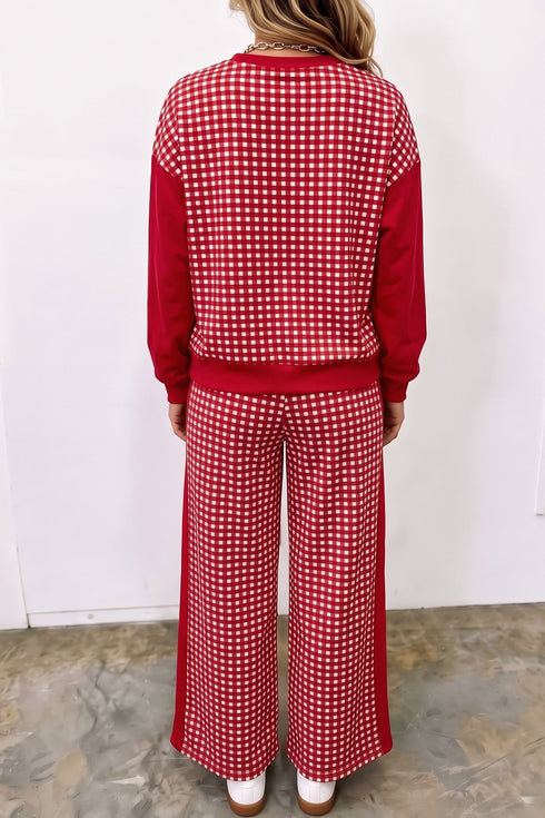 Plaid Patchwork Long Sleeve Pullover Wide Leg Pant Set