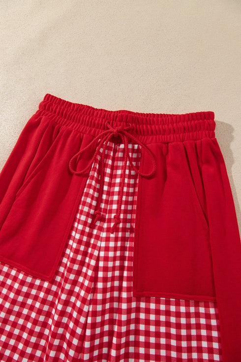 Plaid Patchwork Long Sleeve Pullover Wide Leg Pant Set