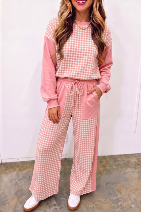 Plaid Patchwork Long Sleeve Pullover Wide Leg Pant Set