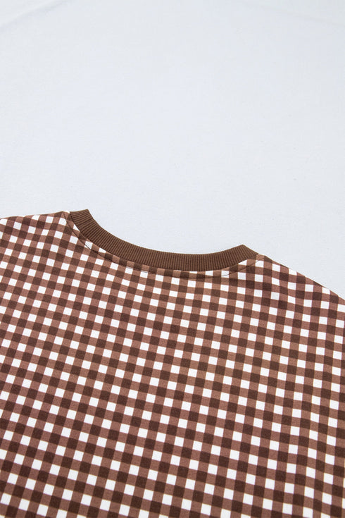 Plaid Patchwork Long Sleeve Pullover Wide Leg Pant Set