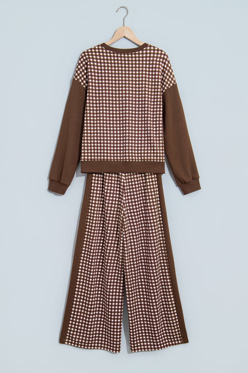 Plaid Patchwork Long Sleeve Pullover Wide Leg Pant Set