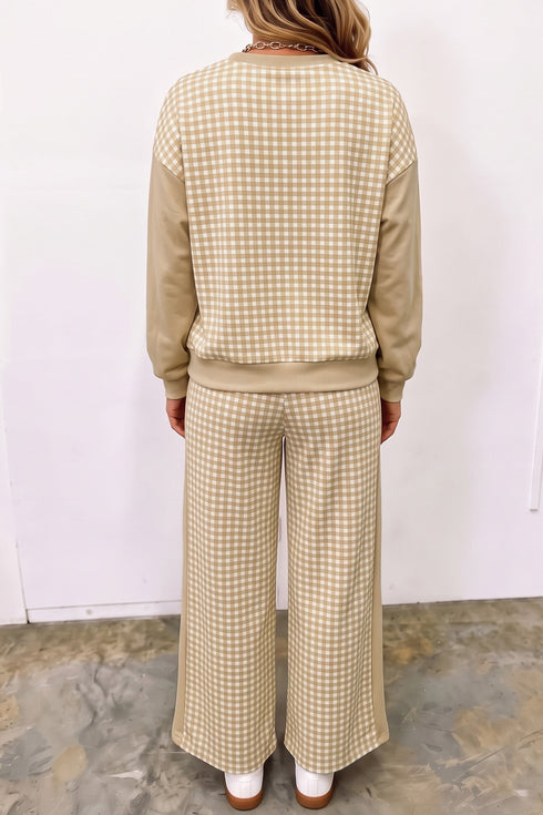 Plaid Patchwork Long Sleeve Pullover Wide Leg Pant Set