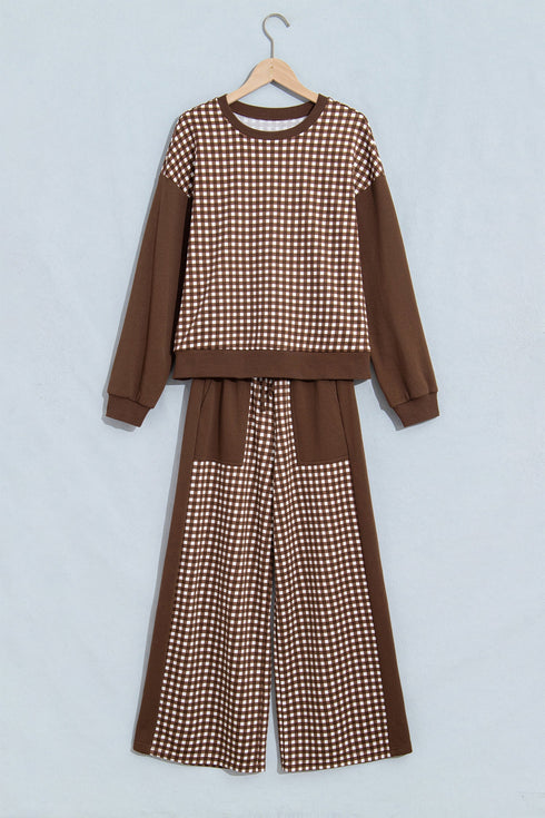 Plaid Patchwork Long Sleeve Pullover Wide Leg Pant Set