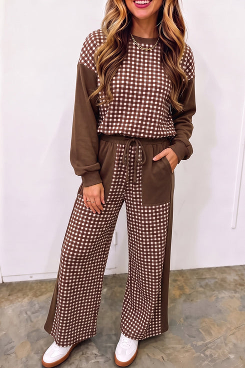 Plaid Patchwork Long Sleeve Pullover Wide Leg Pant Set