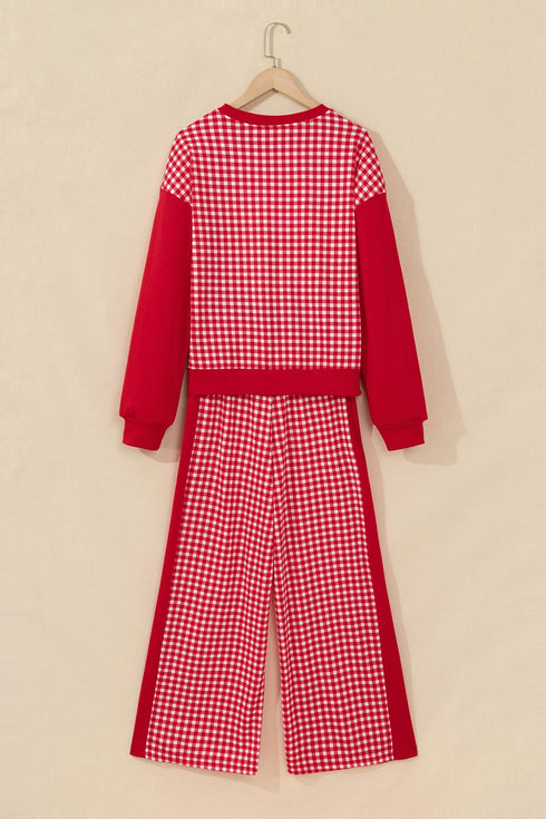 Plaid Patchwork Long Sleeve Pullover Wide Leg Pant Set