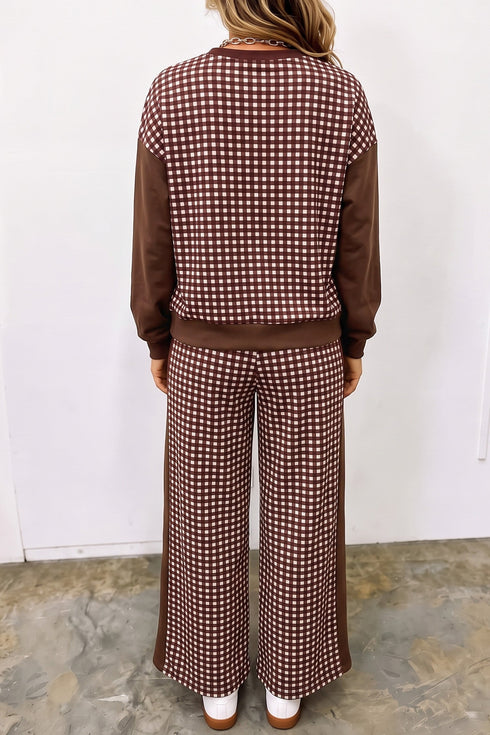 Plaid Patchwork Long Sleeve Pullover Wide Leg Pant Set