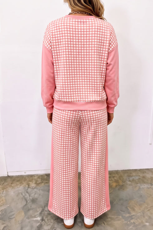 Plaid Patchwork Long Sleeve Pullover Wide Leg Pant Set