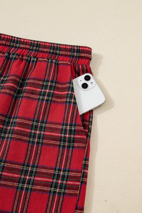 Plaid Patchwork Long Sleeve Shirt And Shorts Loungewear