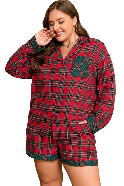 Plaid Patchwork Long Sleeve Shirt And Shorts Loungewear