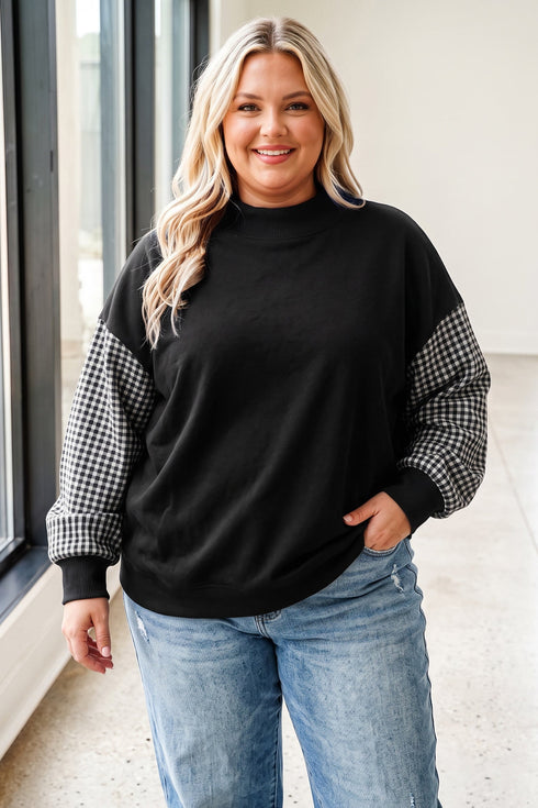 Plaid Patchwork Loose Fit Long Sleeve Cotton Pullover Sweatshirt
