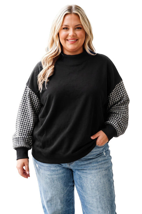 Plaid Patchwork Loose Fit Long Sleeve Cotton Pullover Sweatshirt