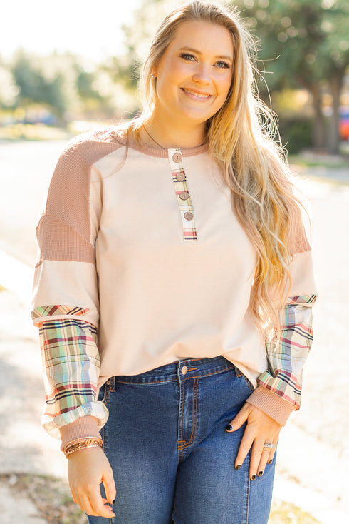 Plaid Patchwork Mixed Print Layered Henley Long Sleeve Top