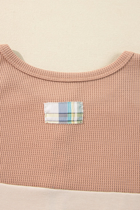 Plaid Patchwork Mixed Print Layered Henley Long Sleeve Top