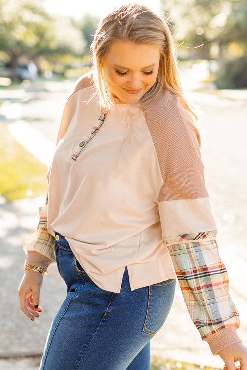 Plaid Patchwork Mixed Print Layered Henley Long Sleeve Top