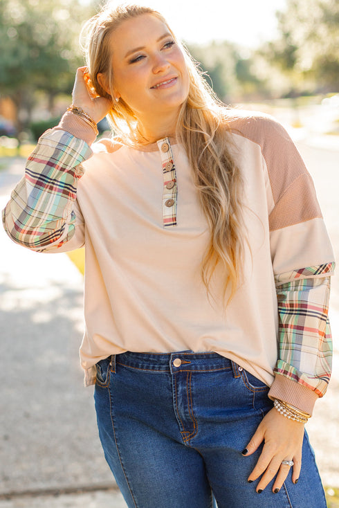 Plaid Patchwork Mixed Print Layered Henley Long Sleeve Top