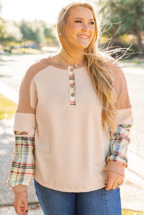 Plaid Patchwork Mixed Print Layered Henley Long Sleeve Top