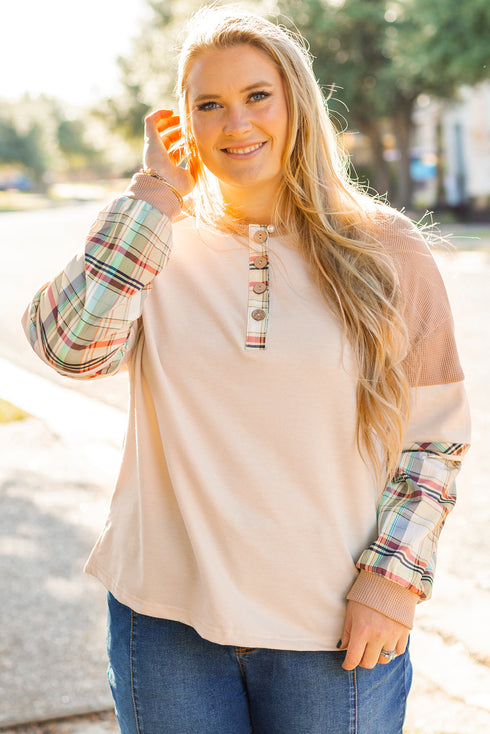 Plaid Patchwork Mixed Print Layered Henley Long Sleeve Top