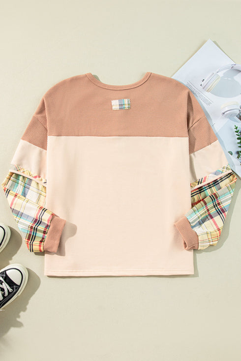 Plaid Patchwork Mixed Print Layered Henley Long Sleeve Top