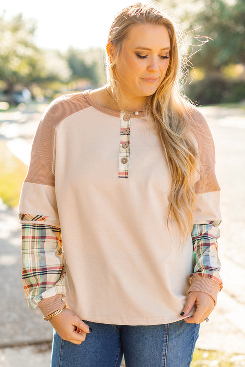Plaid Patchwork Mixed Print Layered Henley Long Sleeve Top