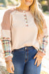 Plaid Patchwork Mixed Print Layered Henley Long Sleeve Top