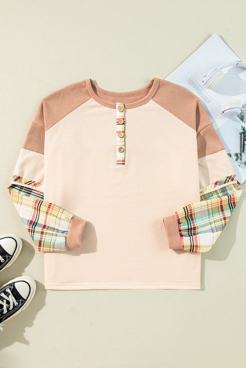 Plaid Patchwork Mixed Print Layered Henley Long Sleeve Top