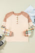 Plaid Patchwork Mixed Print Layered Henley Long Sleeve Top